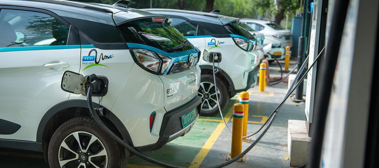 Electric vehicles at a charging station. 